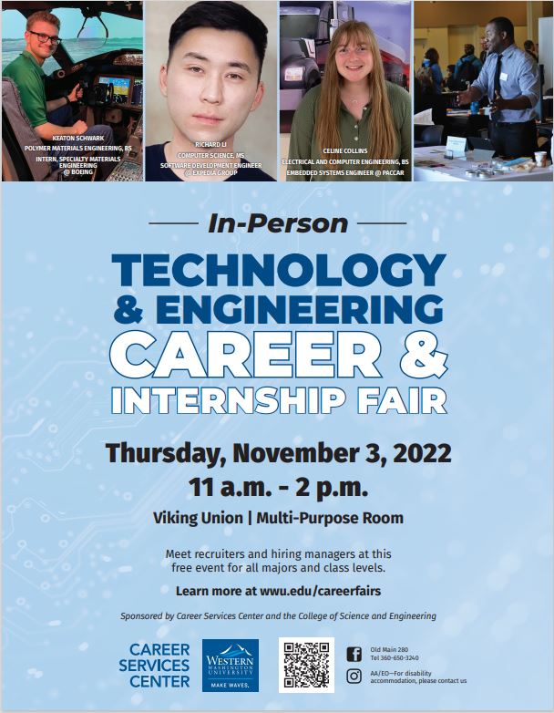 Technology and Engineering Career & Internship Fair on Thursday, November 3, 2022 11 am to 2 pm in the VU's Multipurpose Room