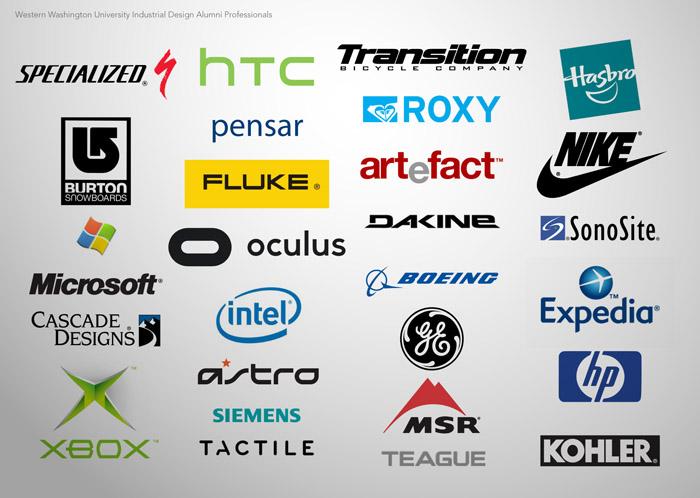 A picture of company logos that employ ID graduates including NIke, HP, Xbox, and Microsoft