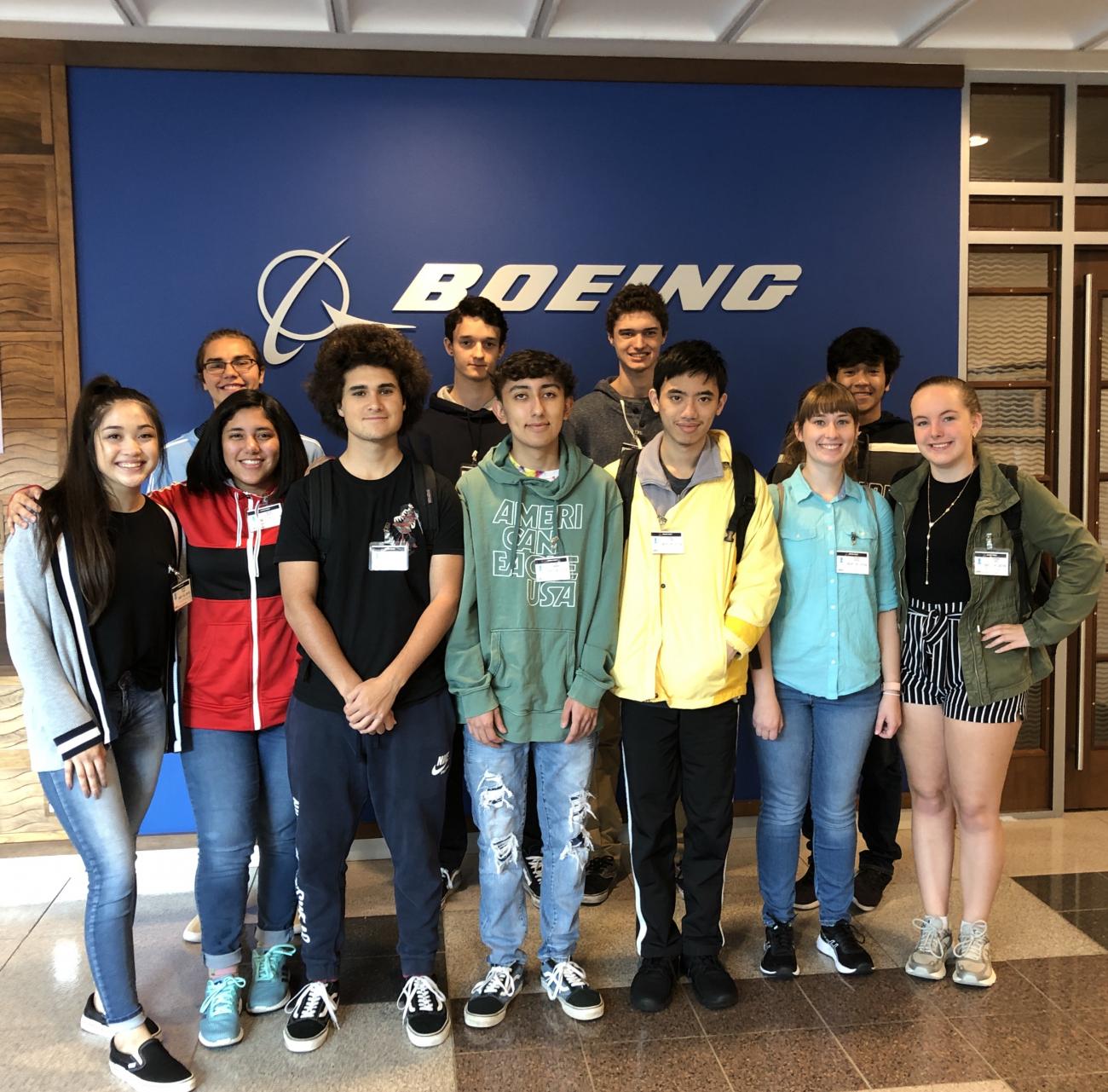 a picture of 2019-2020's BEES scholars in the Boeing facility 