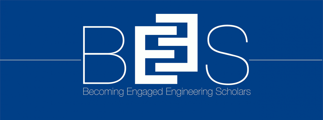 BEES logo: deep blue background with white text spelling the acronym BEES: Becoming Engaged Engineering Scholars